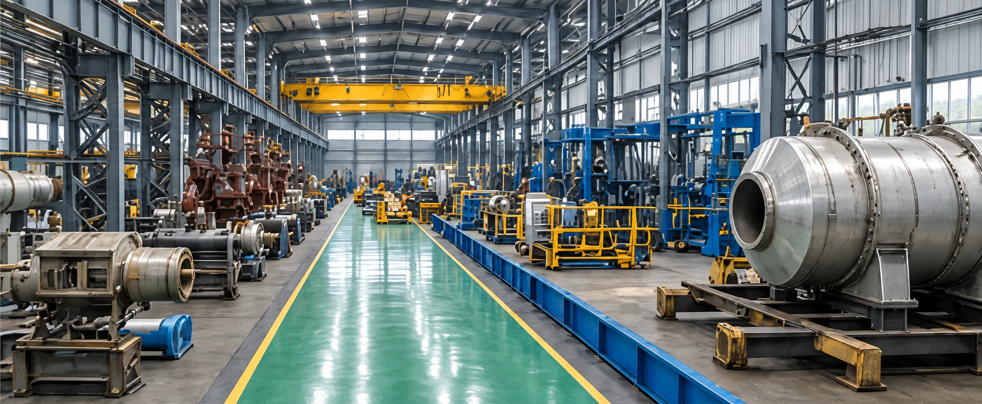 Industrial manufacturing workshop with process vessels and overhead cranes